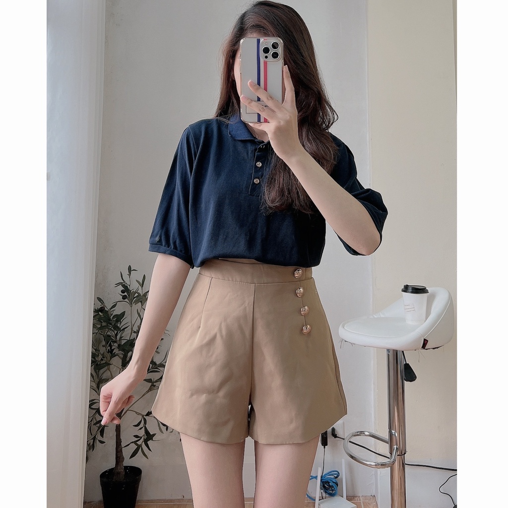 Áo polo thun màu xanh than cộc tay lỡ JULYF - Phông form rộng bánh bèo tiểu thư phong cách học sinh hàn quốc ullzang