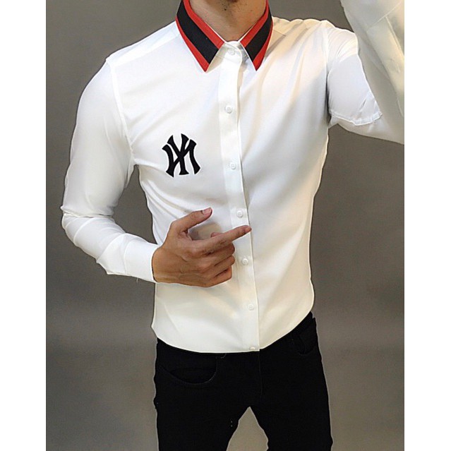 Áo Sơ Mi Trắng Thêu Ngực Và Phối Viền Cổ Thời Trang