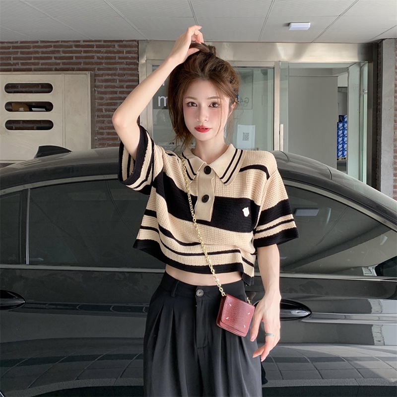 Áo Thun Dệt Kim Ngắn Dáng Rộng Họa Tiết Kẻ Sọc Thời Trang Mùa Hè Phong Cách Hàn Quốc Cho Nữ