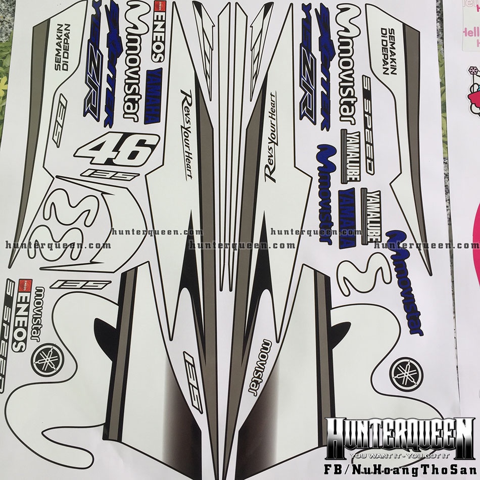 Tem rời dán xe Exciter 135 (2011-2014) màu đen. Tem trắng, chữ xanh GP