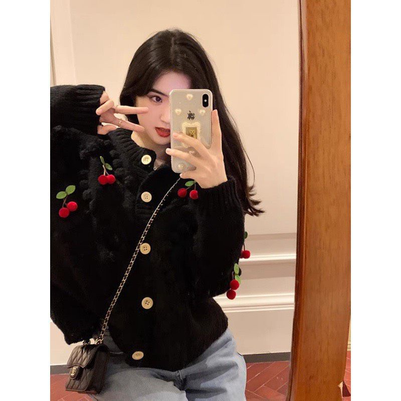 Áo khoác Len cardigan đính quả cherry đáng yêu jocasta áo Len phong cách dễ thương kèm size chart hottrend 2023