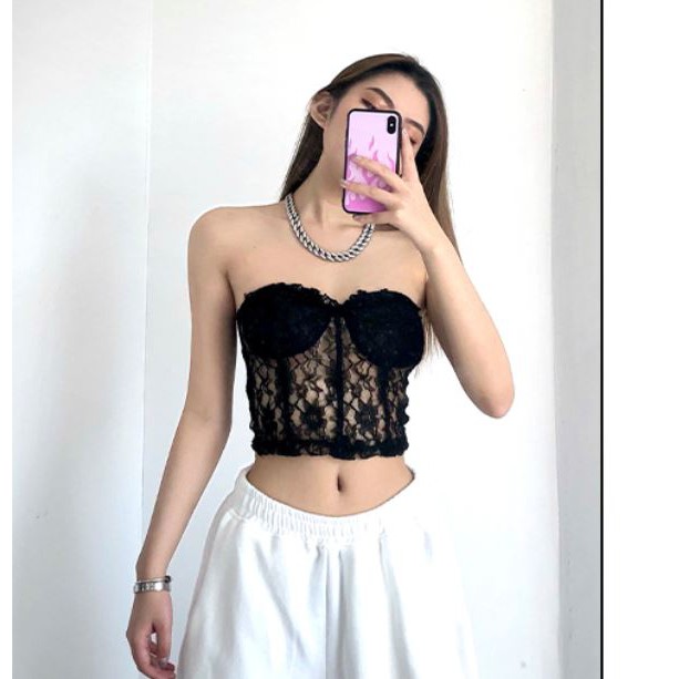 Áo croptop ống ren hoa dạng corset HAC119 - Hỉn Hỉn Store