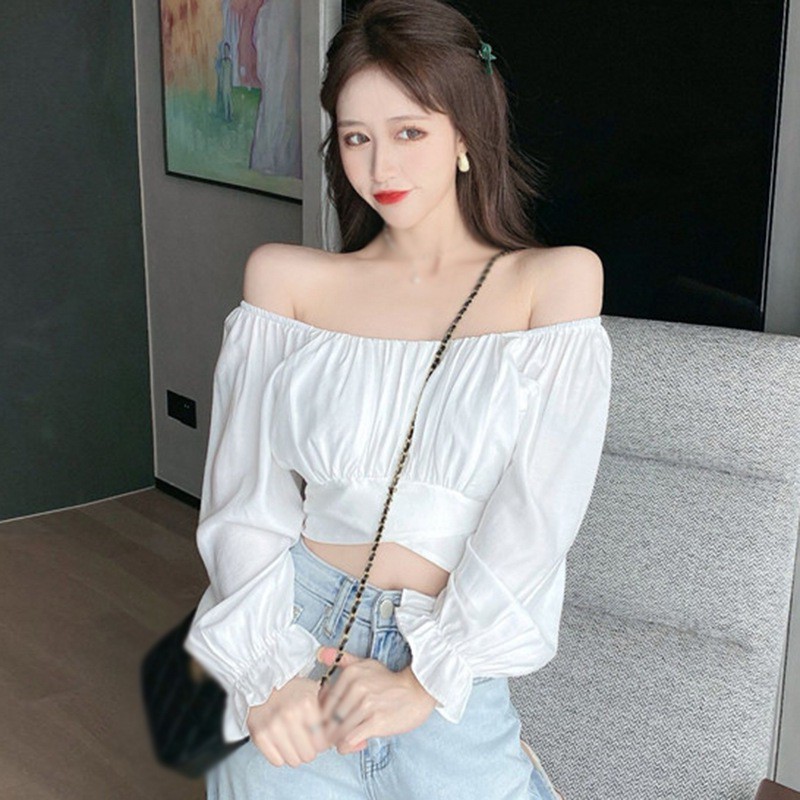 Áo Croptop Tay Dài Cổ Vuông Thiết Kế Màu Trơn Thanh Lịch Cho Nữ