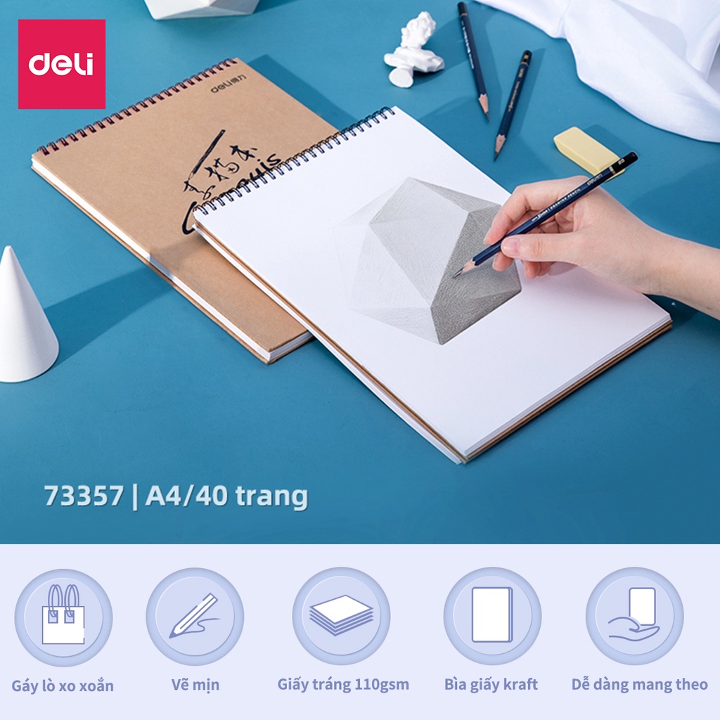 Sổ vẽ phác thảo 110gsm/160gsm Deli khổ A4/8K- Giấy dày phù hợp vẽ tranh bút chì, gáy lò xo sketchnote sketchpaper 73357