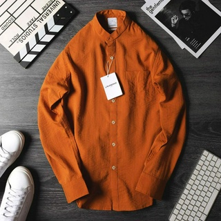 [GIẢM GIÁ] Áo Sơ Mi Laha Cổ Lãnh Tụ Linen Màu Cam Gạch M2 Lahabama, Form suông, chất vải Cotton mềm mịn thoáng mát