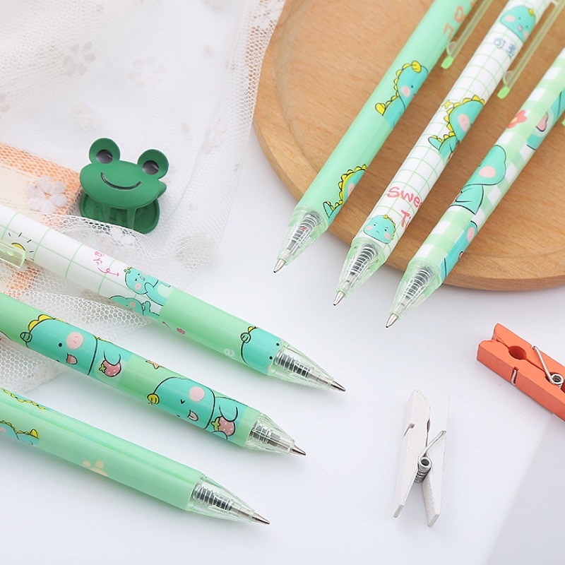 Bút bi bấm khủng long xanh lá cute dễ thương, Bút gel mực dạng bấm 0.5mm, bút bi bấm mực đen cute Ếch ộp Vpp