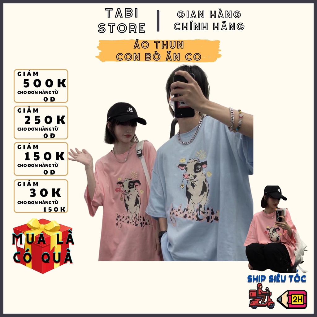 Áo thun tay lỡ dáng rộng unisex dưới 75kg - Chú bò ăn cỏ