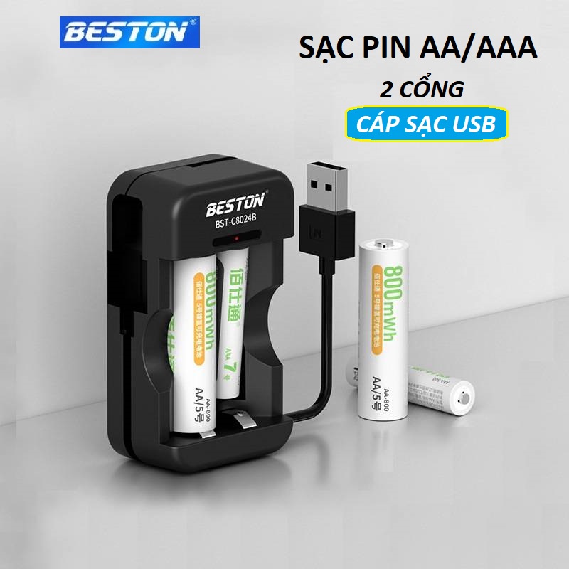 Bộ sạc pin AA AAA 2 cổng Beston C8024B dùng cho micro karaoke, đồ chơi, đồng hồ, đèn pin, máy ảnh