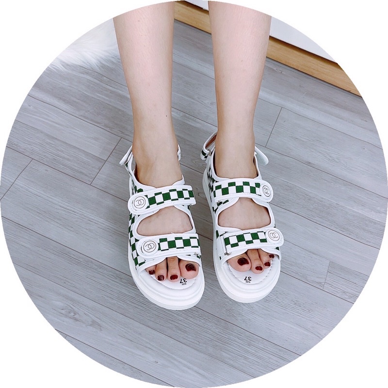Dép bánh mỳ sandal hai quai ngang phối caro siêu xinh đơn giản đi học