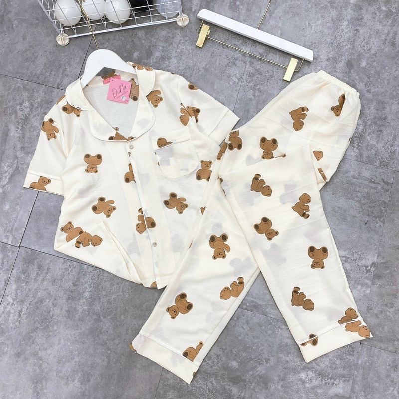 Bộ pijama chất đũi xốp hàng cộc dài hoạ tiết xinh dễ thương mặc nhà nữ