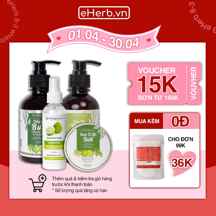 Bộ 4 Sản Phẩm Kích Thích Mọc Tóc Từ Tinh Dầu Bưởi: Dầu Gội, Dầu Xả, Kem Ủ &amp; Serum Bưởi MILAGANICS (850ml/ Bộ)