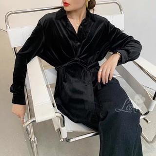 Áo sơ mi dáng thụng dài tay cá tính chất liệu NHUNG thiết kế | LIOLA