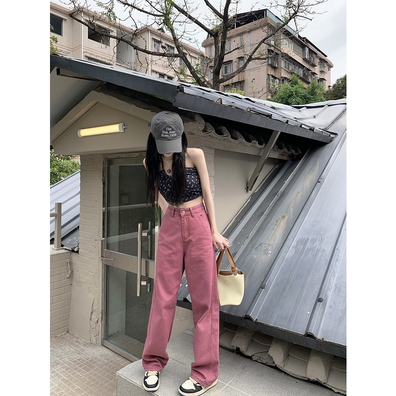 Ethelgirl Quần Jean Nữ Lưng Cao Ống Rộng Phong Cách retro Mỹ Cá Tính