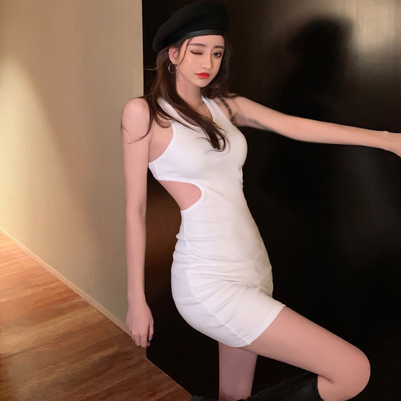 Đầm ôm không tay cổ chữ U khoét lỗ màu trơn phong cách hàn quốc thời trang mùa hè quyến rũ cho nữ