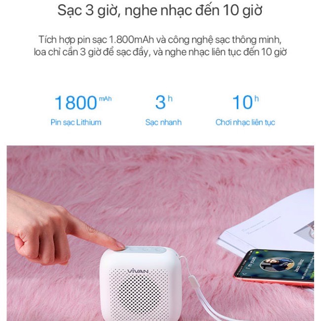 Loa TWS Bluetooth 5.0 VIVAN Chống Nước IPX5 Công suất 5W 1800mAh Playtime đến 10H -VS1-BH 1 năm 1 đổi 1 CHÍNH HÃNG