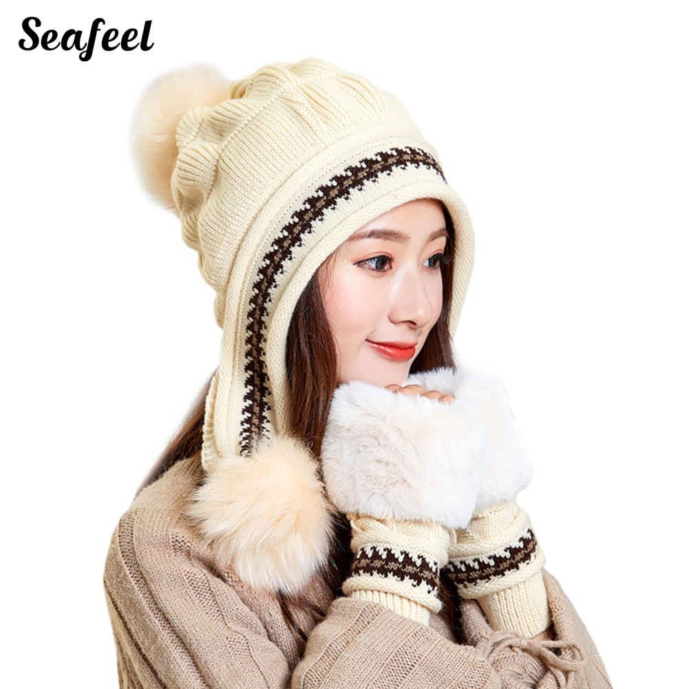Set 3 Nón Len Trùm Đầu Và Găng Tay Len Dày Ấm Áp
