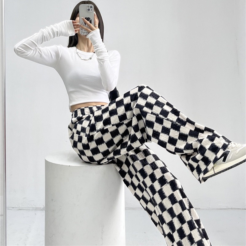 Quần ống rộng caro lưng thun cạp cao dáng dài hàng Taobao kèm clip và ảnh thật