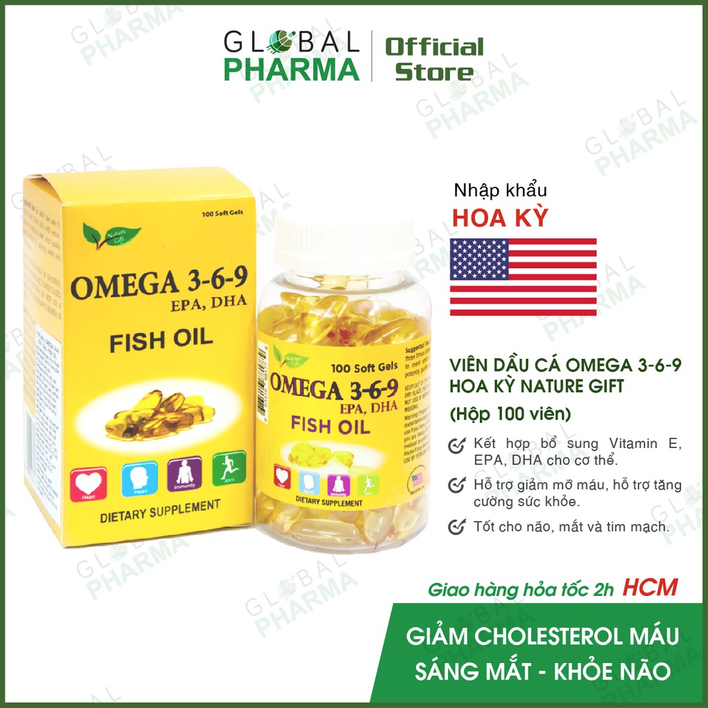 [USA] Viên dầu cá Omega 369 Giảm mỡ máu, Tốt cho não, mắt, tim mạch NATURE GIFT (Hộp 100v)