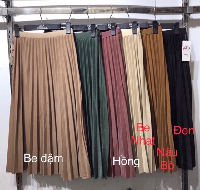 Chân váy midi xếp ly trơn 1 màu (hàng có sẵn)