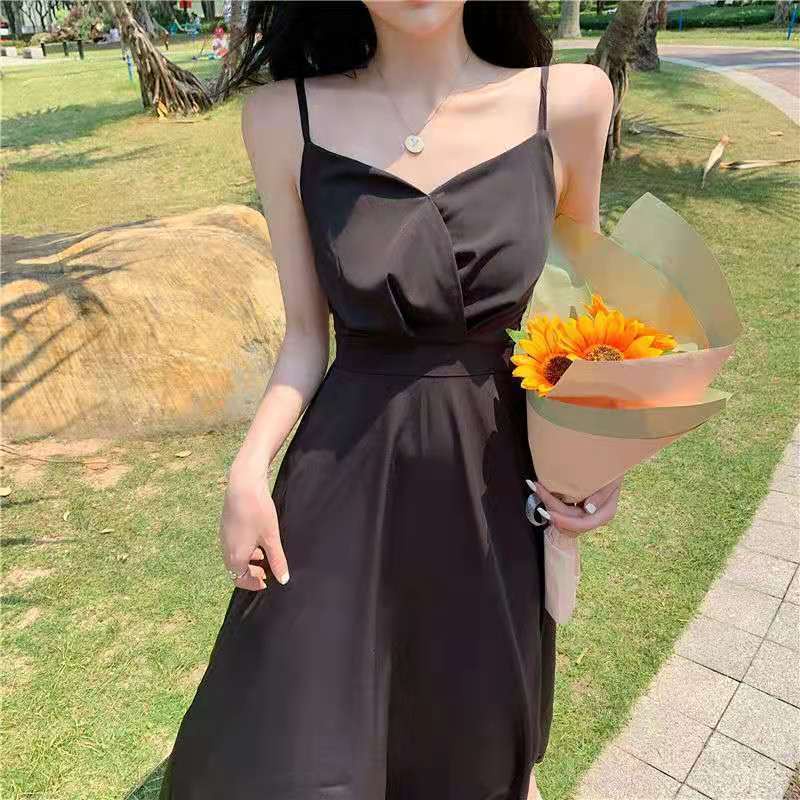 Đầm Hai Dây Dáng Chữ A Eo Cao Màu Đen Thời Trang Mùa Hè Phong Cách Pháp Cho Nữ
