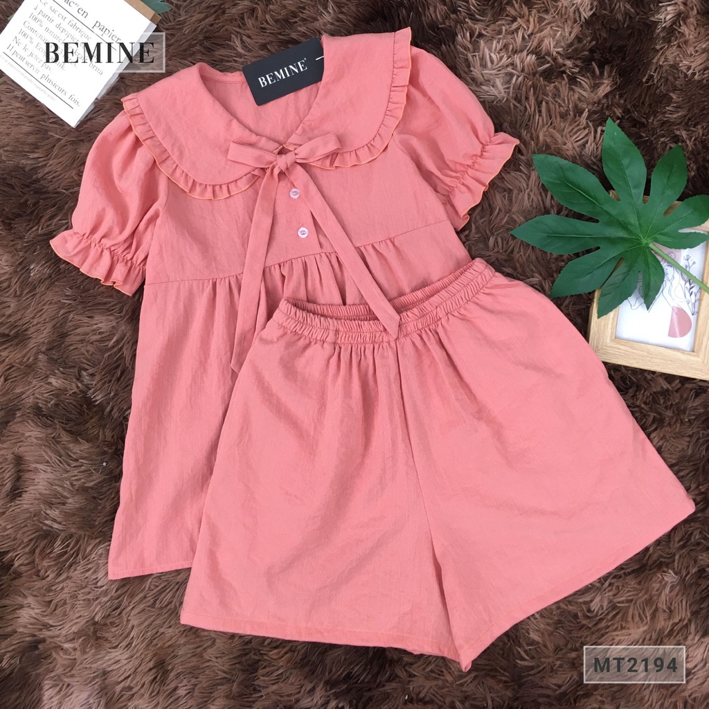 Set bộ đùi cổ bèo cột nơ nhún ngực BEMINE MT2194HONG