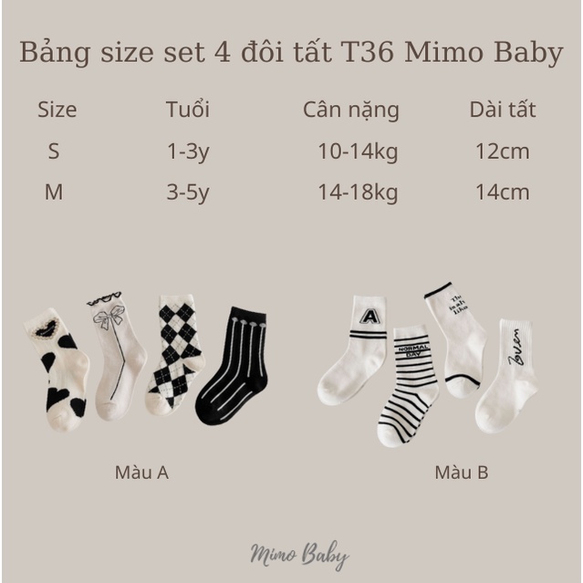 Set 4 đôi tất cao cổ họa tiết phong cách hàn quốc xinh xắn cho bé trai, bé gái T36 Mimo Baby