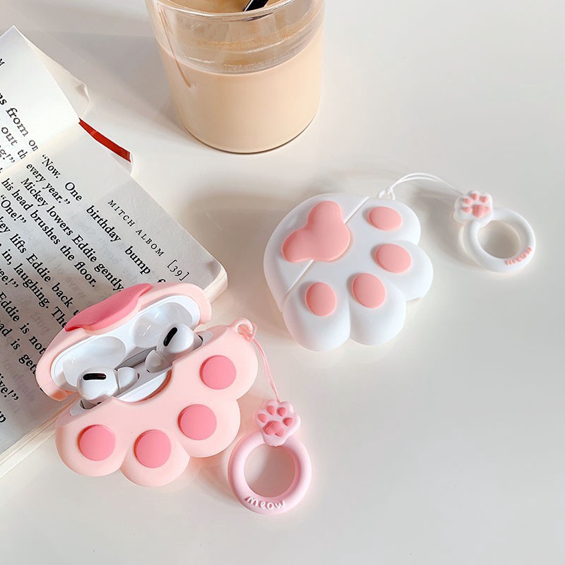 Vỏ hộp đựng tai nghe Airpods Pro bằng silicone chống rơi hình bàn chân mèo có dây buộc