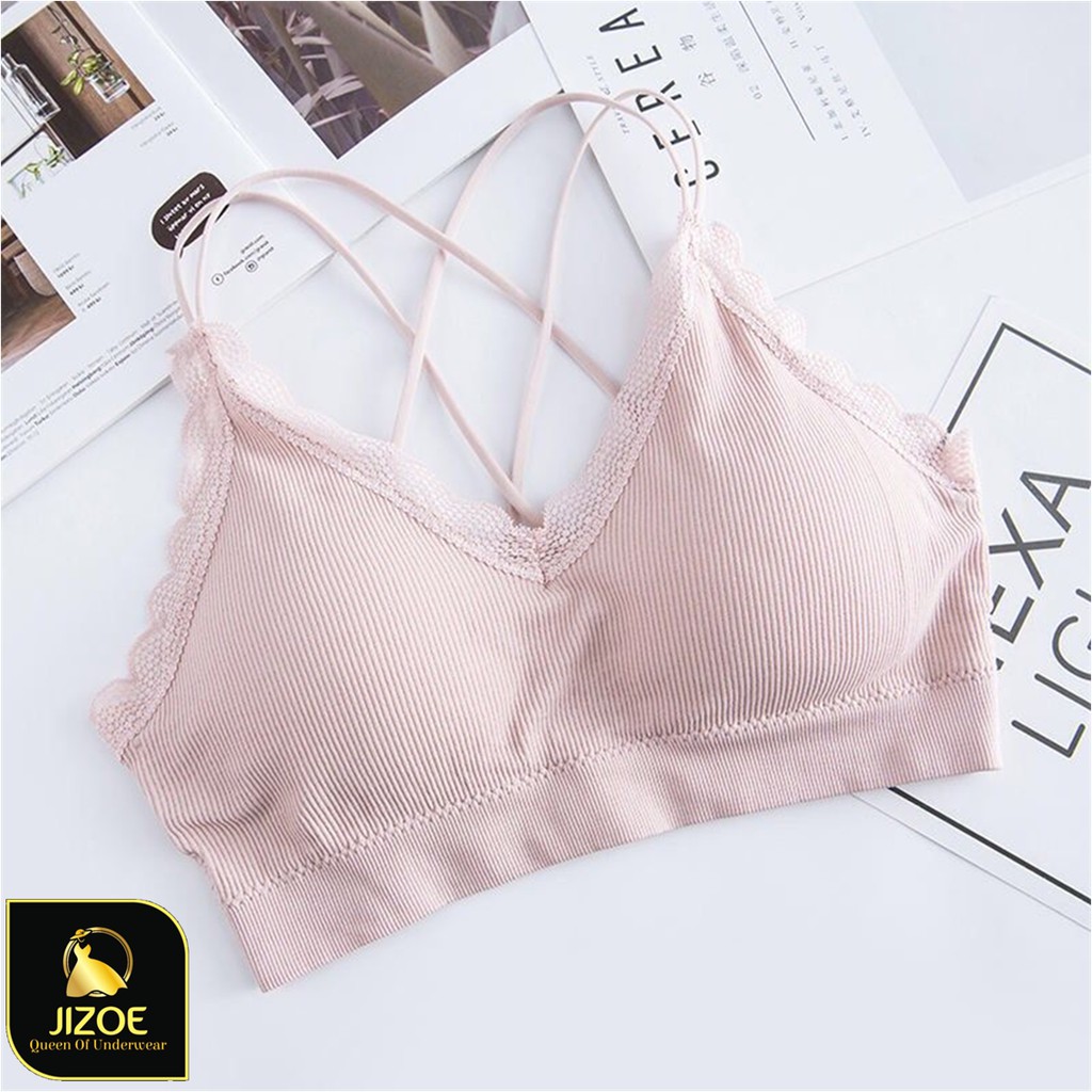 Áo bra nữ len gân tăm họa tiết viền ren 4 dây chéo lưng JIZOE ALT08