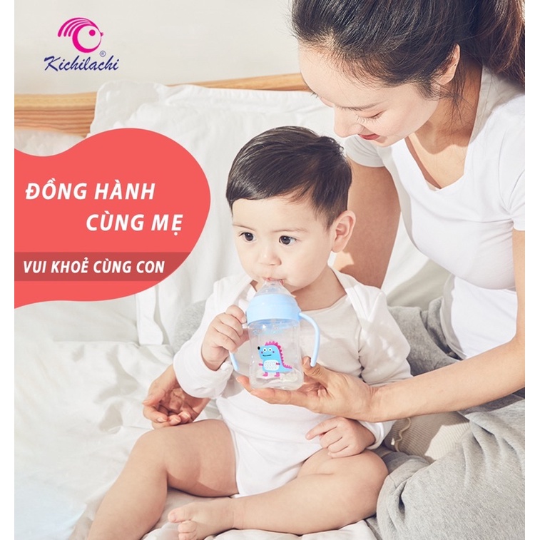 Bình sữa cổ rộng Kichilachi PP núm ty silicon siêu mềm, chống sặc và đầy hơi cho bé 180ml/240ml