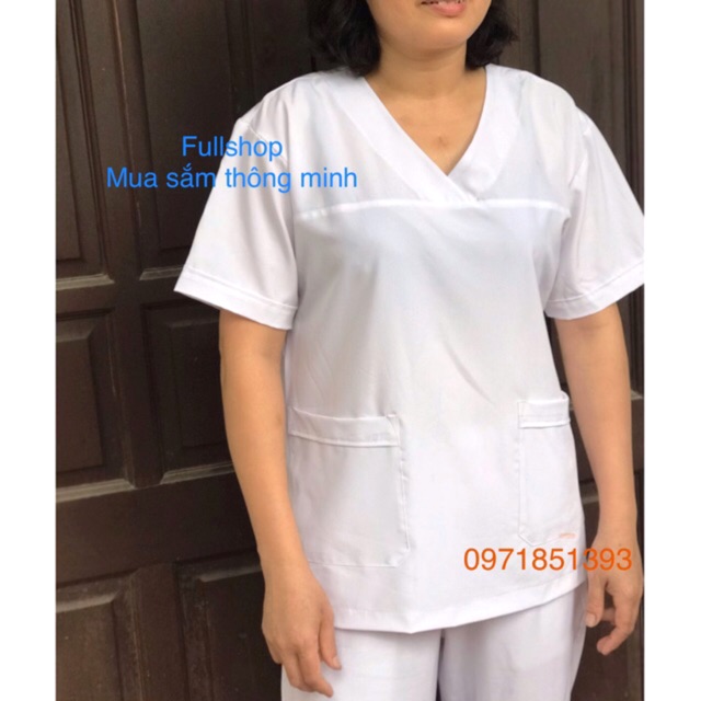 Bộ quần áo nam nữ cổ tim cho bác sĩ, y tá, điều dưỡng - bộ scrubs kỹ thuật viên màu trắng