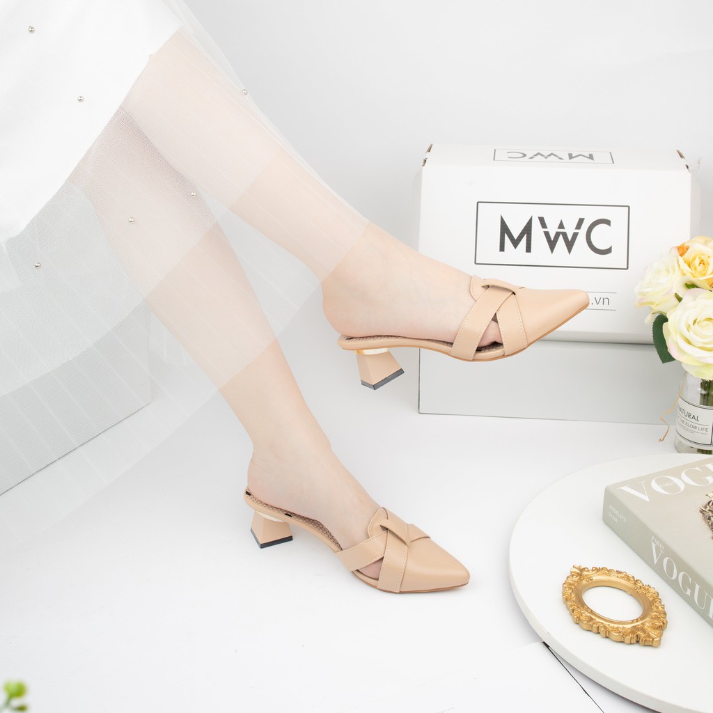 Giày Cao Gót Nữ MWC Mũi Nhọn Phối Nơ Màu Kem Đen NUCG-3969