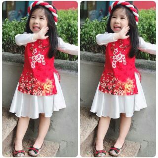 Set áo dài cách tân hoa đào kèm mấn cho bé