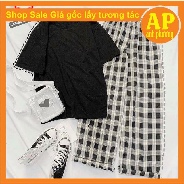 Sét áo phông Trơn + quần kẻ☝áo kiểu unisex from thụng chất đẹp☝quần lưng thun vải thể thao chất thể thao☝mát mẻ☝
