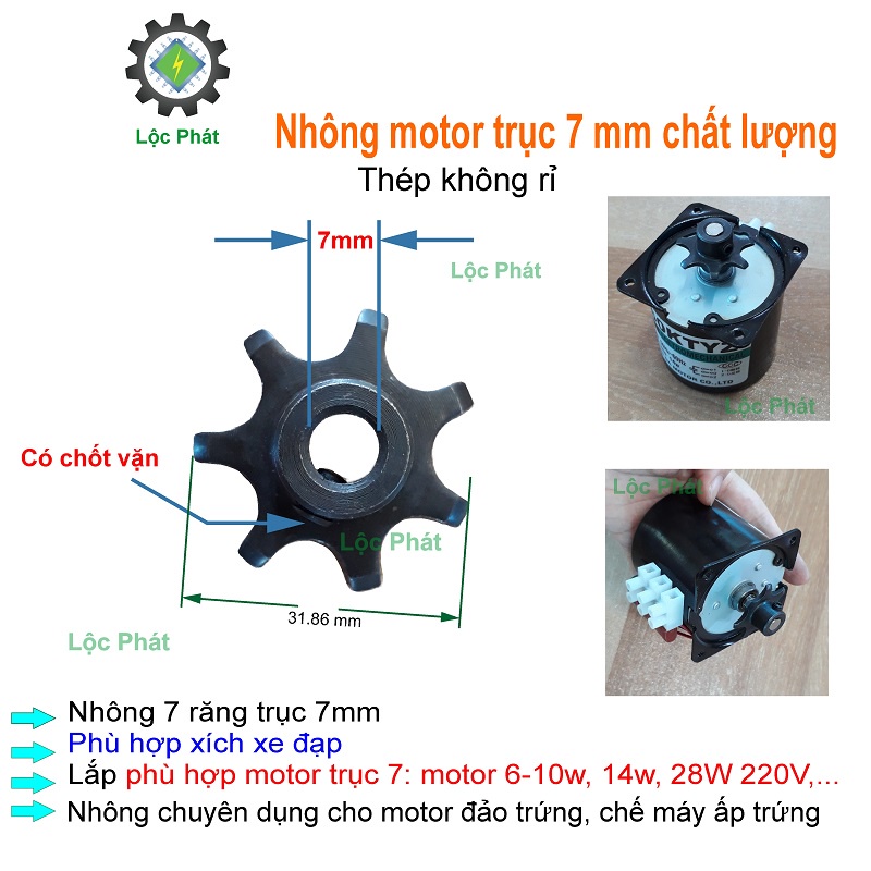 Bánh răng trục 7mm, nhông motor trục 7 phù hợp motor 6 10w motor 14w motor 28w220V phù hợp xích xe đạp NH7RT7