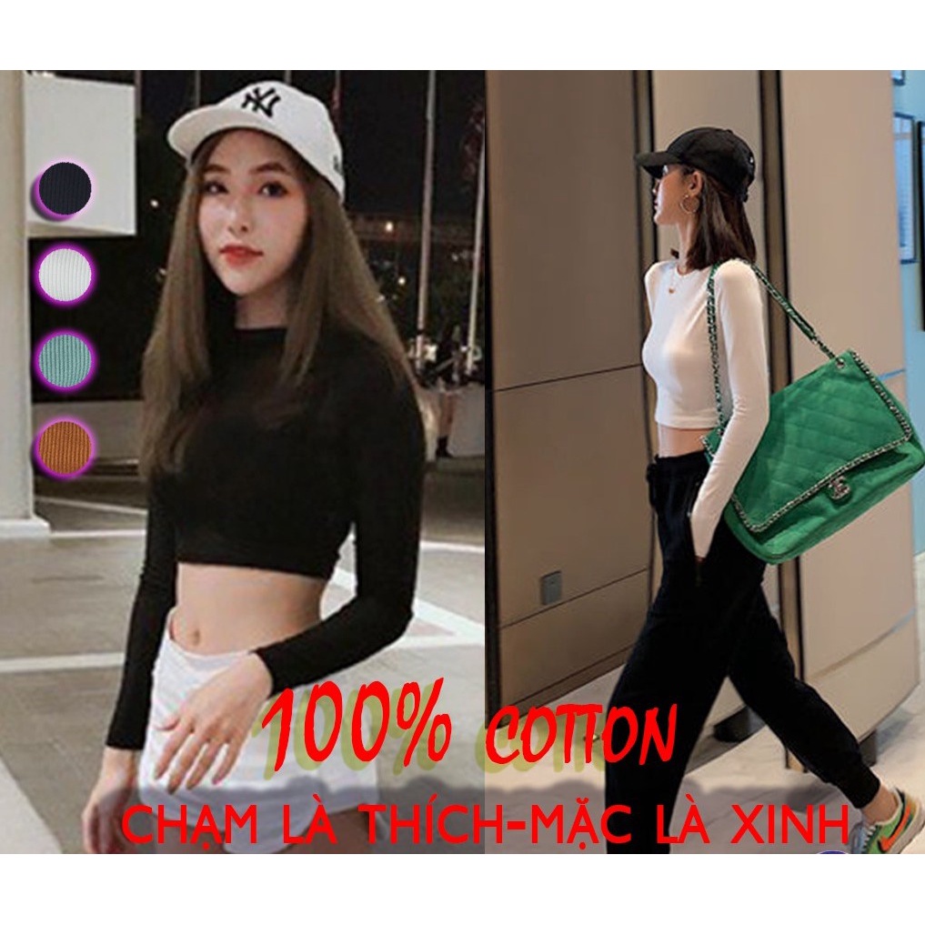 Áo croptop tay dài ôm nữ đen trắng thun gân , áo thun crt body 100% cotton CRT 263