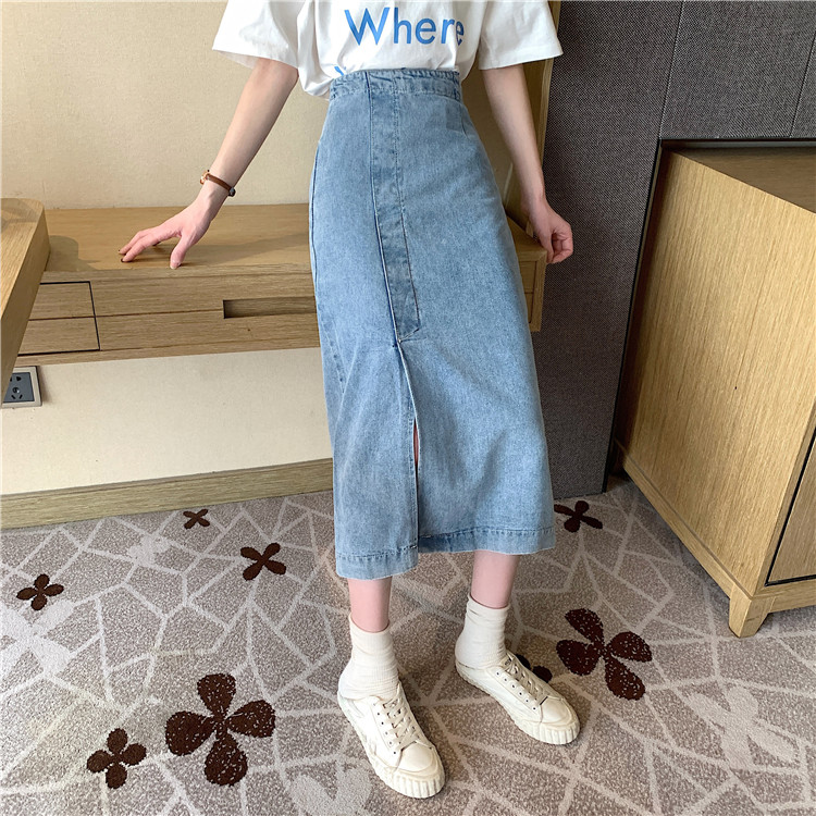 Xiaozhainv chân váy jean Chữ A Lưng Cao Xẻ Tà Phong Cách Retro Hàn Quốc | BigBuy360 - bigbuy360.vn