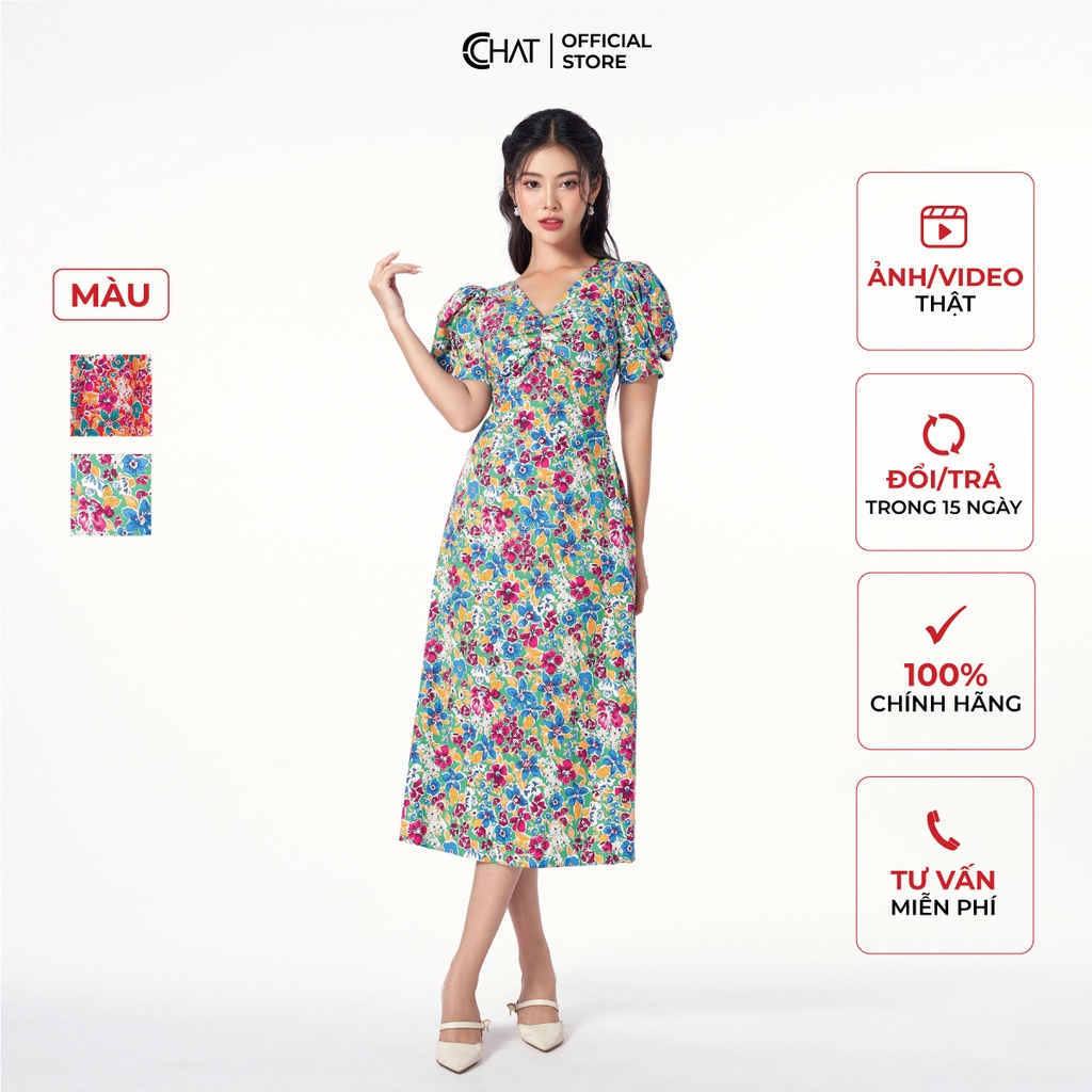 Đầm Nữ 𝐂𝐂𝐇𝐀𝐓 Cổ V Họa Tiết Dáng Chữ A Chất Thô Cao Cấp Phong Cách Trẻ Trung 12VNT5023AT