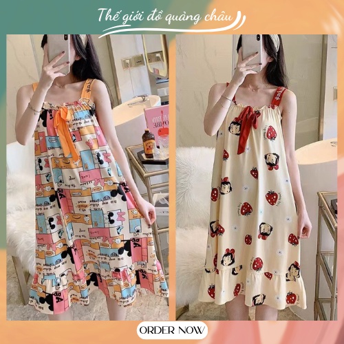 Váy Ngủ Nữ 2 Dây Đính Nơ Họa Tiết In Cute Chất Thun Sữa - Hàng Quảng Châu Cao Cấp