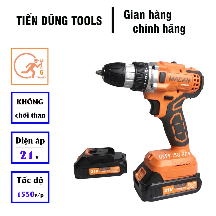 Máy khoan pin 21v MACAN 6021 Không Chổi Than đầu 10mm tặng bộ phụ kiện