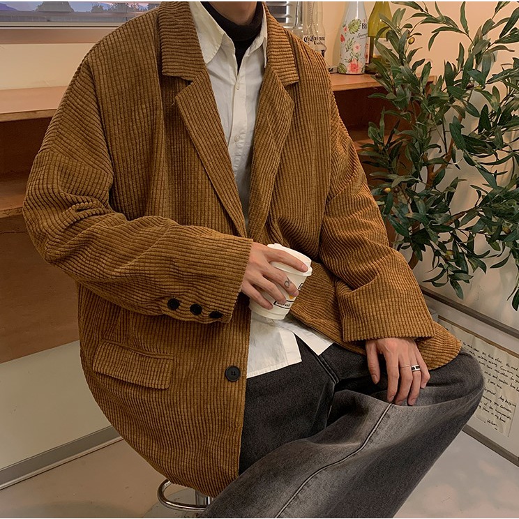 Áo khoác Blazer Nam Form rộng dài tay unisex basic chất nhung tăm phong cách Hàn Quốc Vest Áo Blazer nam form rộng