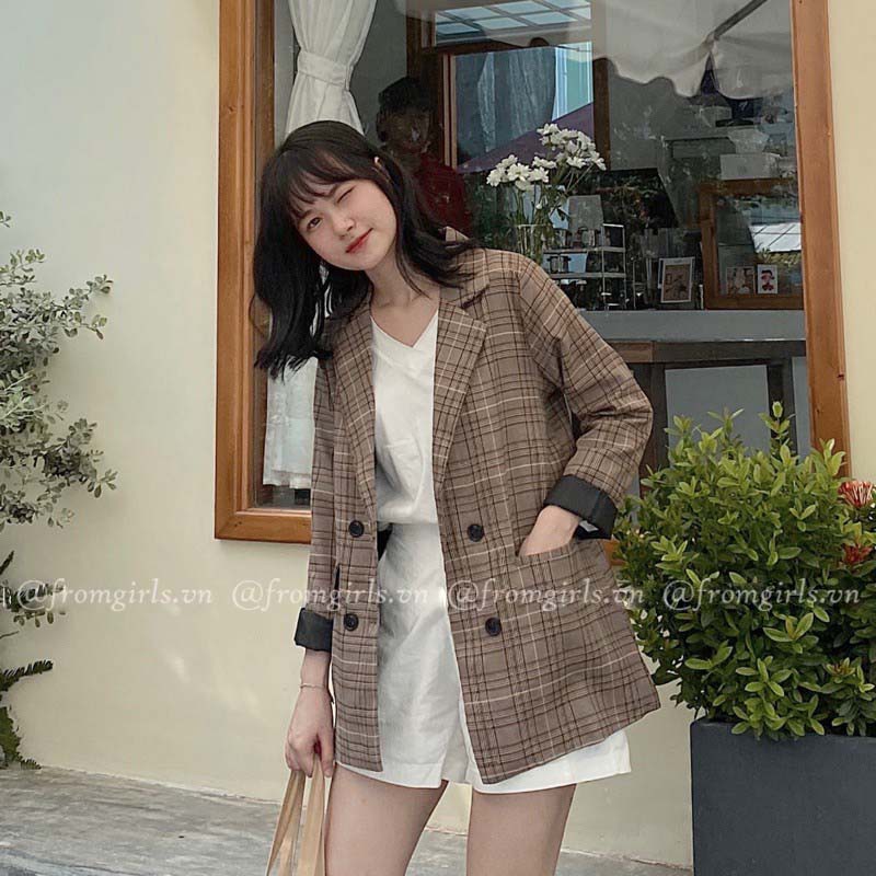 Áo blazer kẻ caro hai lớp, áo vest kẻ caro dày dặn ulzzang - VEST01 BROWN