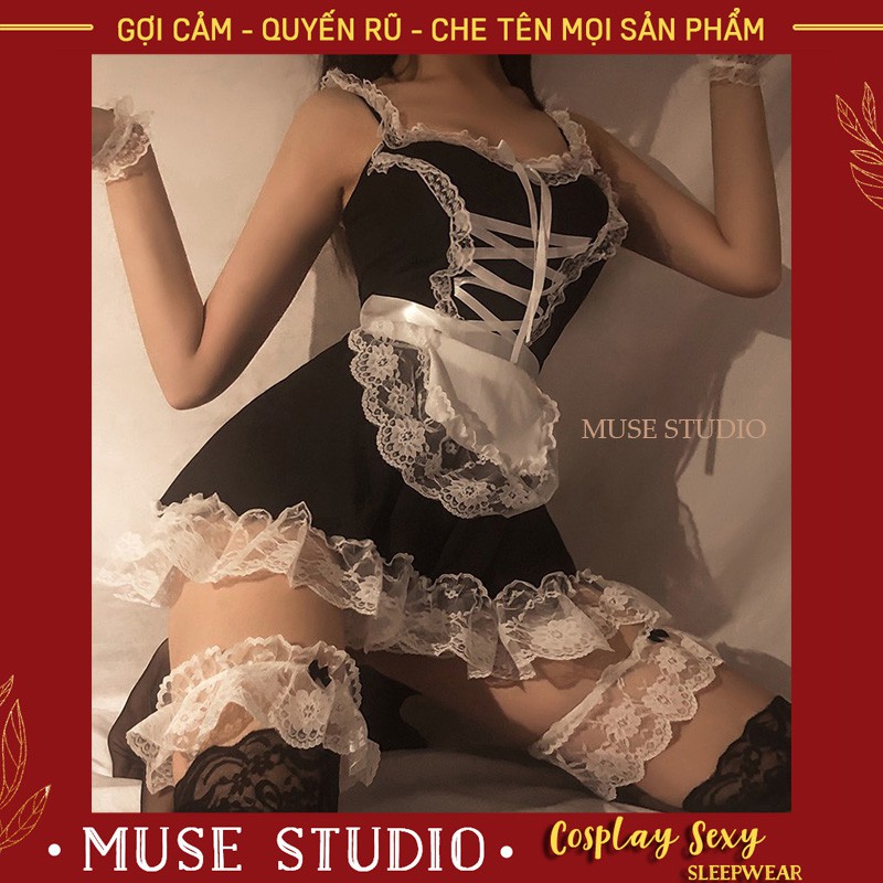 Đồ bộ ngủ Cosplay chất siêu đẹp, váy đầm ngủ Cosplay anime người hầu gái sexy, bộ set 6 món cao cấp