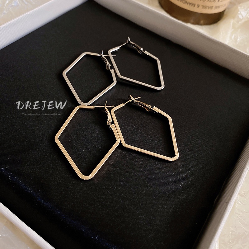 DREJEW Khuyên tai kim loại màu bạc thiết kế hình học rỗng phong cách cá tính thời trang sáng tạo