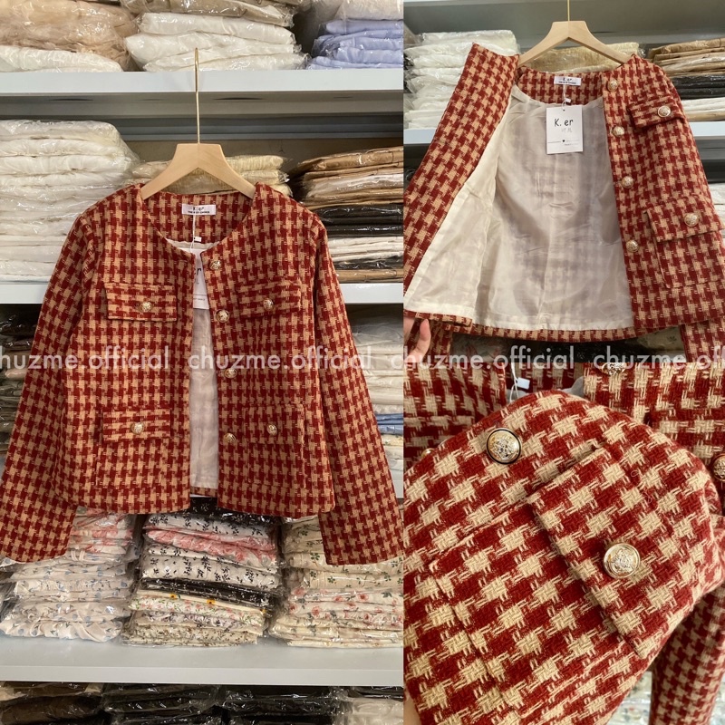 Áo khoác dạ tweed đỏ đen dáng ngắn họa tiết răng sói phối cúc (có ảnh thật)