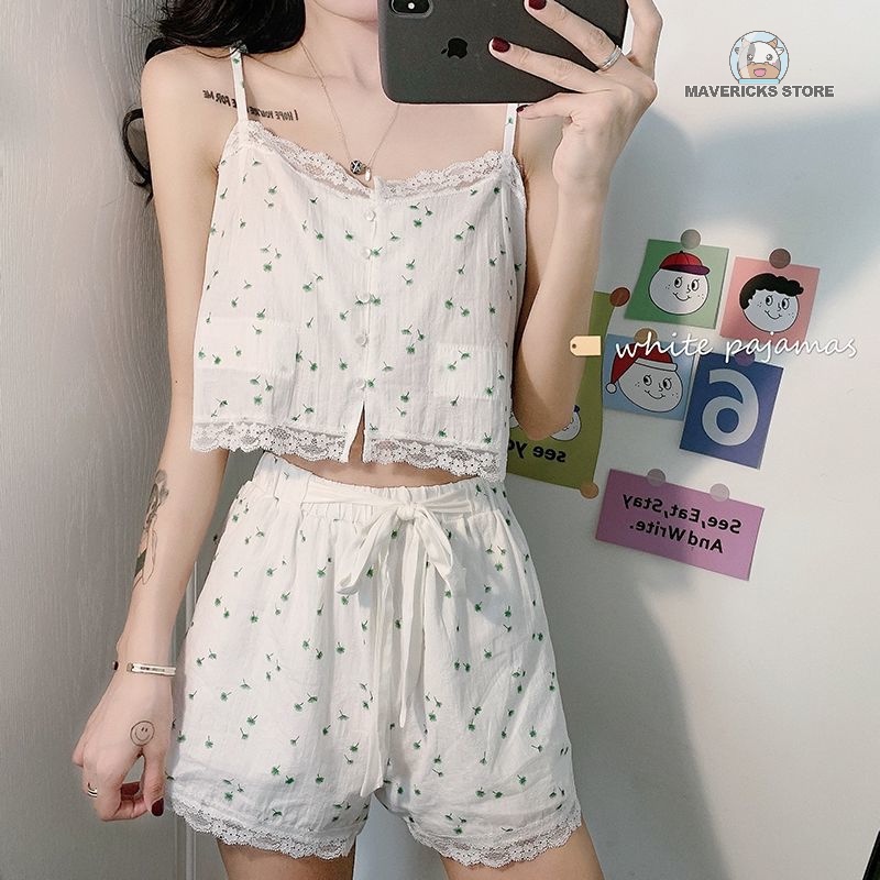 Bộ đồ ngủ hai dây họa tiết hoa thời trang mùa hè cho nữ