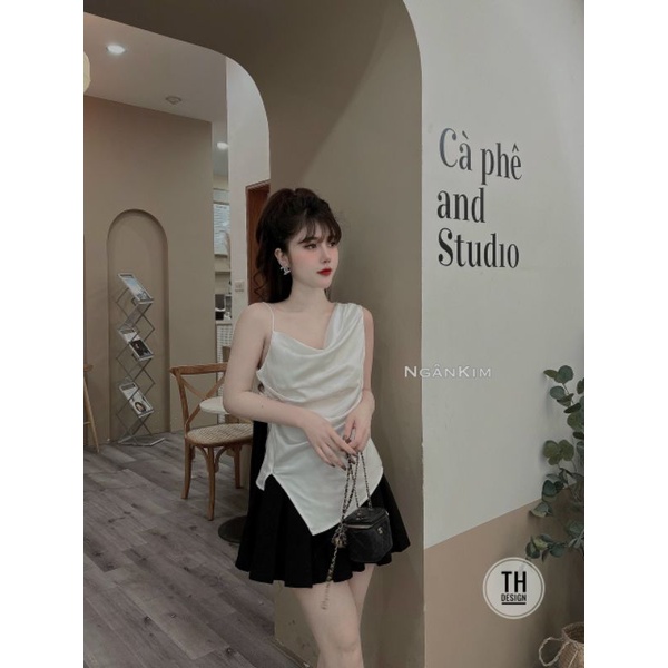 Áo 2 dây lụa cổ đổ vai lệch