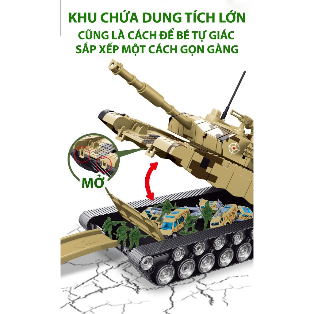 Bộ đồ chơi mô hình xe tăng 6 trong 1 chứa 6 xe kim loại, kích thước lớn, âm nhạc tương tác, chất liệu cao cấp