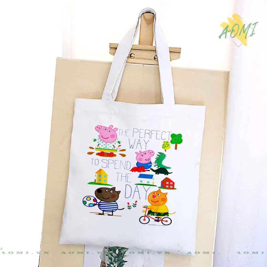 TOTE CANVAS heo peppa TÚI VẢI ĐEO VAI BAG CÓ KHÓA KÉO SIZE LỚN 33x38cm AOMIVN DU LỊCH DẠO PHỐ