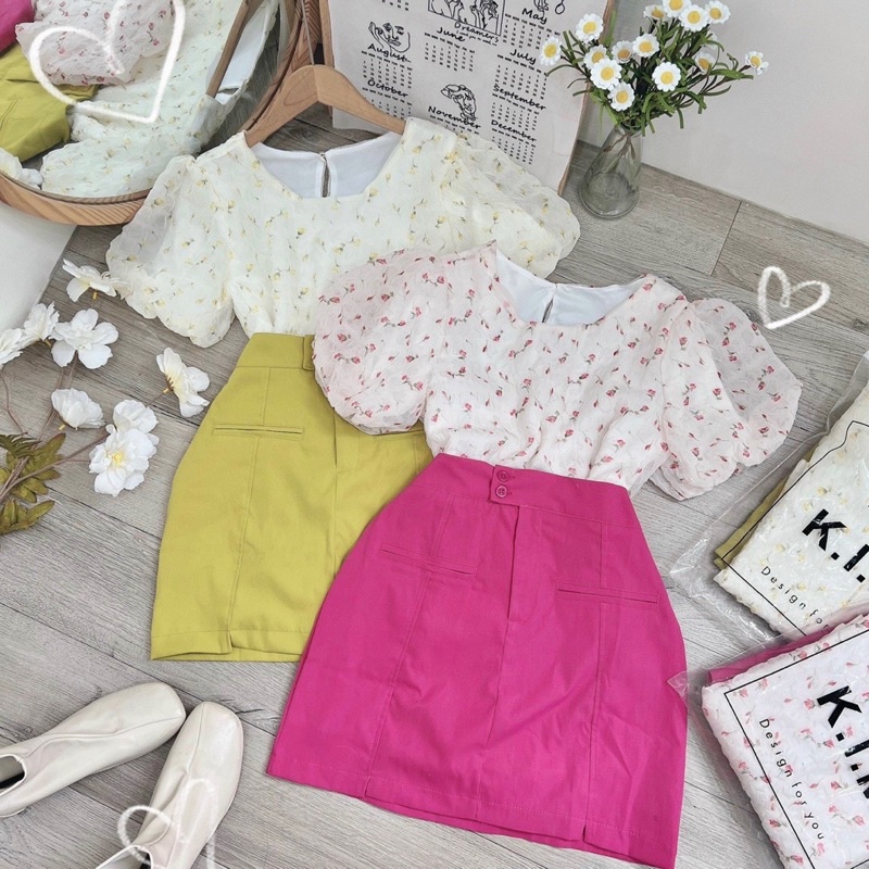 SET ÁO HOA TAY BỒNG + CHÂN VÁY NÚT HAI MÀU