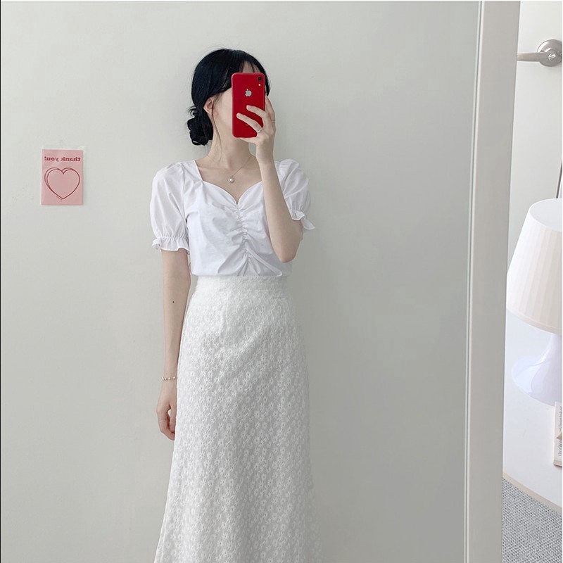 Áo SUXI tay phồng ngắn cổ chữ V xếp ly màu trơn phong cách Hàn Quốc thời trang